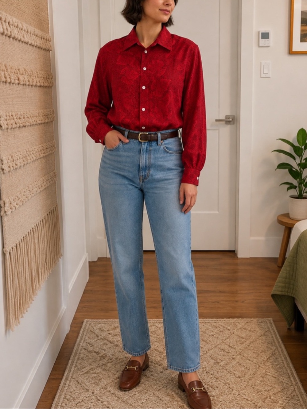 Vintage Red Maple Leaf Print Silk Blouse Size 14 Large